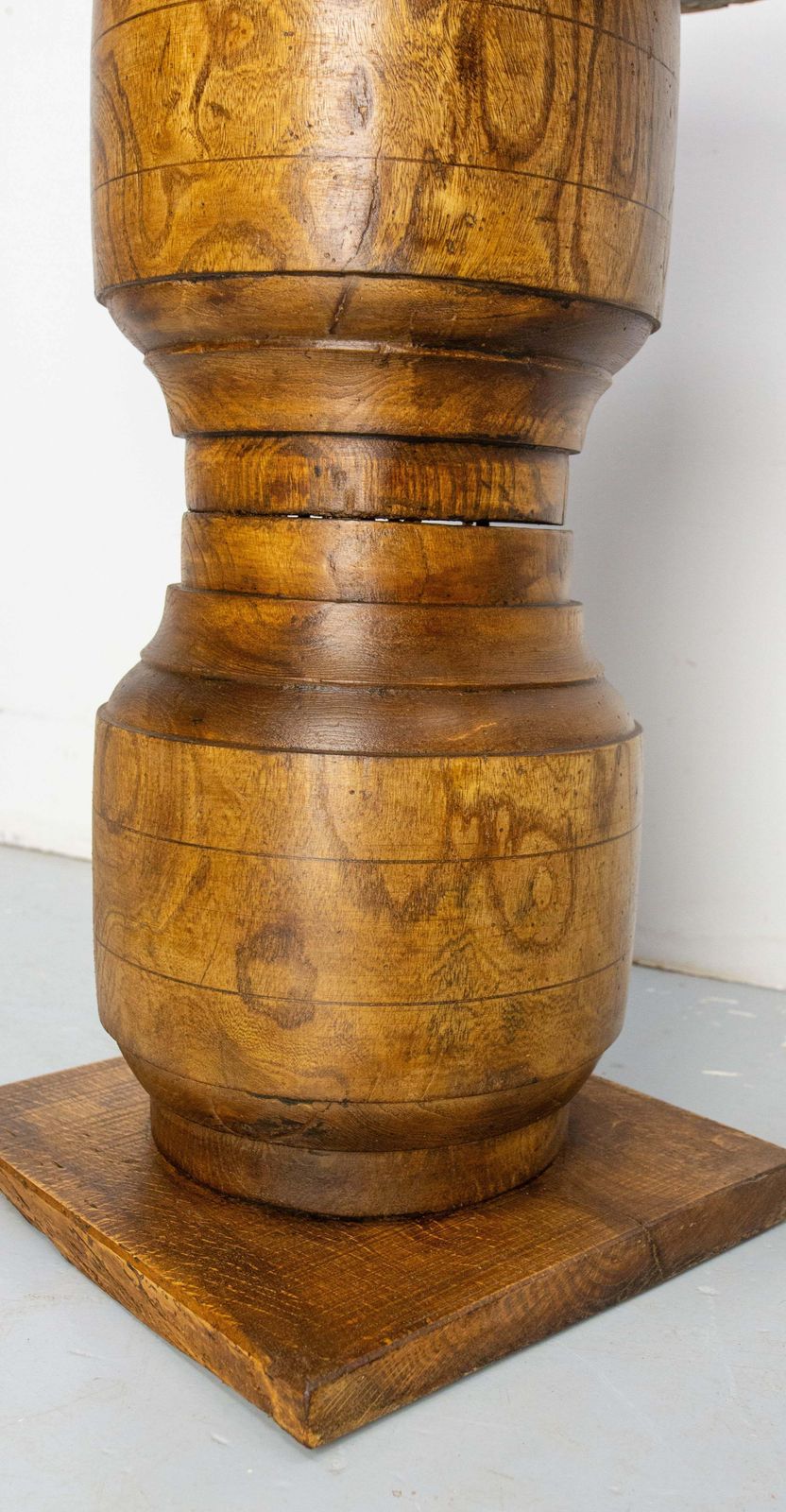 photo furniture French Brutalist Side Table Elm Wood Hubs Pedestal, Circa 1940