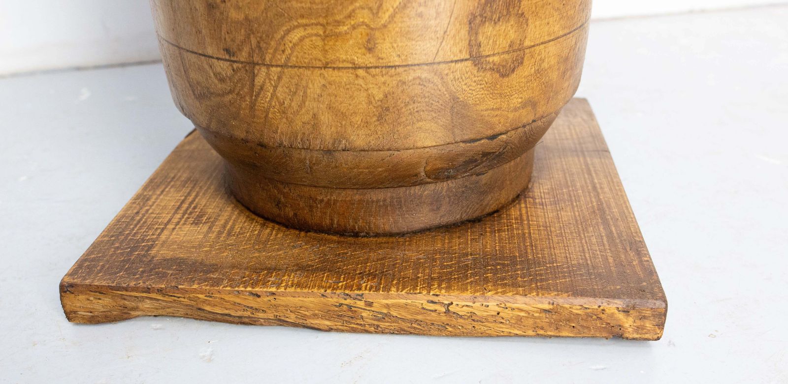 photo for sale French Brutalist Side Table Elm Wood Hubs Pedestal, Circa 1940