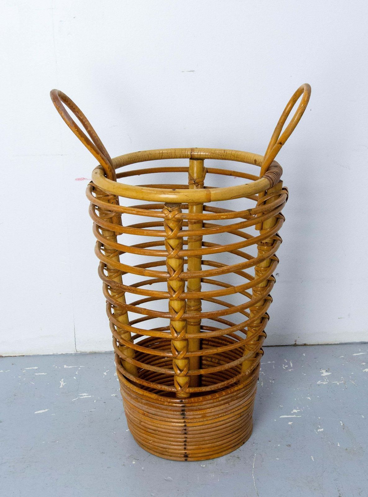 Mid Century Rattan Wastebasket Umbrella Stand By Audoux Minnet France, C. 1950 photo for sale