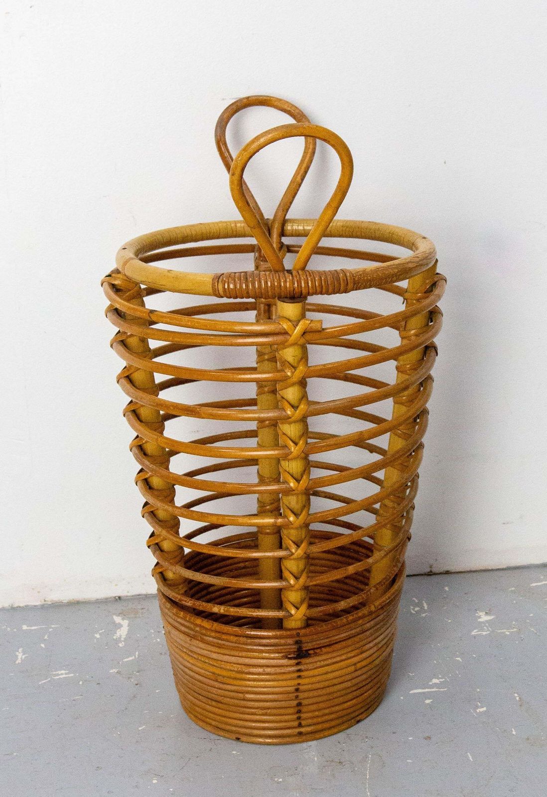 Mid Century Rattan Wastebasket Umbrella Stand By Audoux Minnet France, C. 1950 photo 664.0