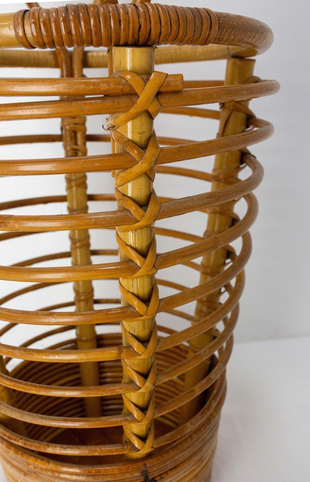 photo for sale Mid Century Rattan Wastebasket Umbrella Stand By Audoux Minnet France, C. 1950
