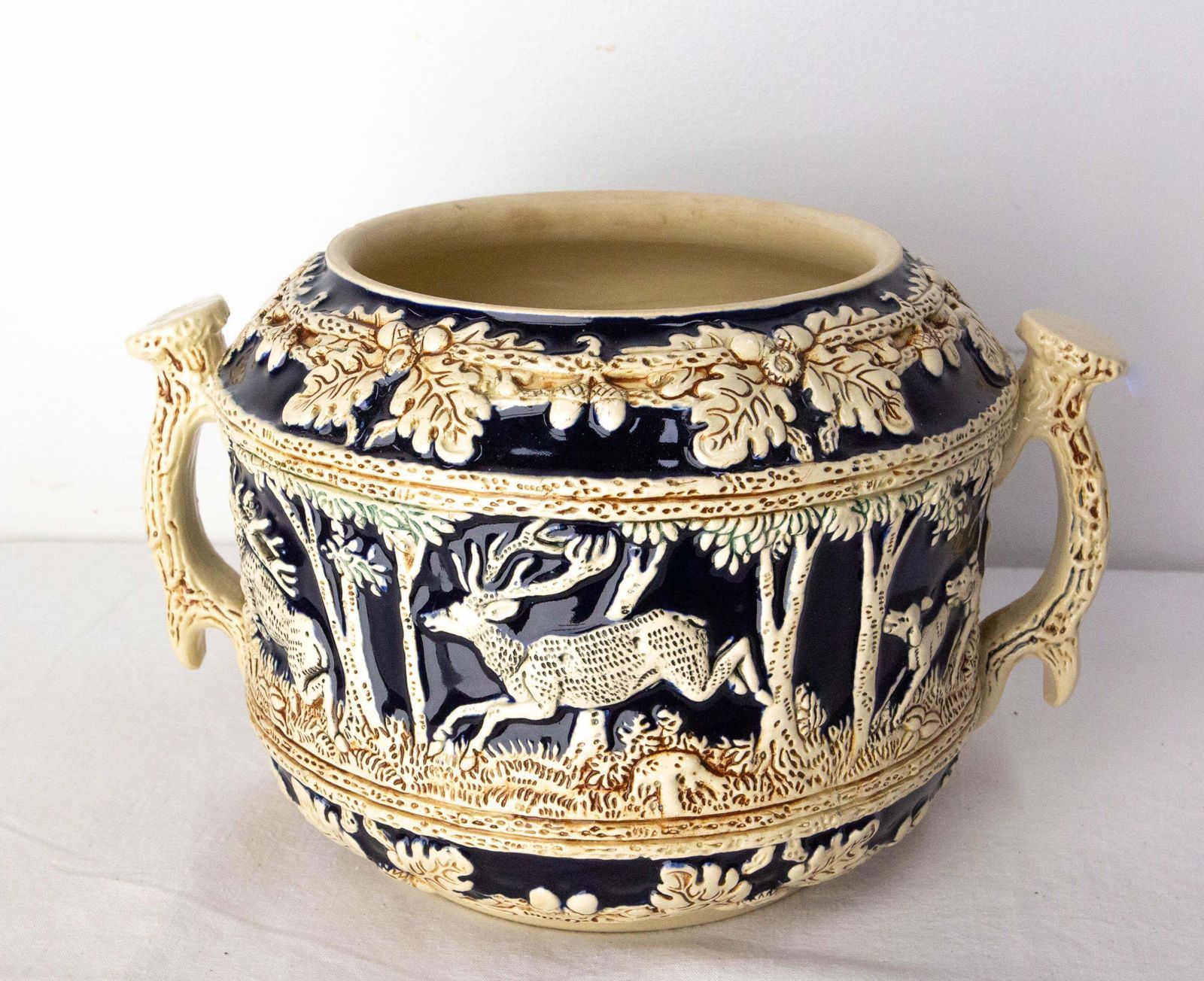 photo furniture German Scharzwald Art Nouveau Stoneware Centerpiece Hunt Scenes, Circa 1900