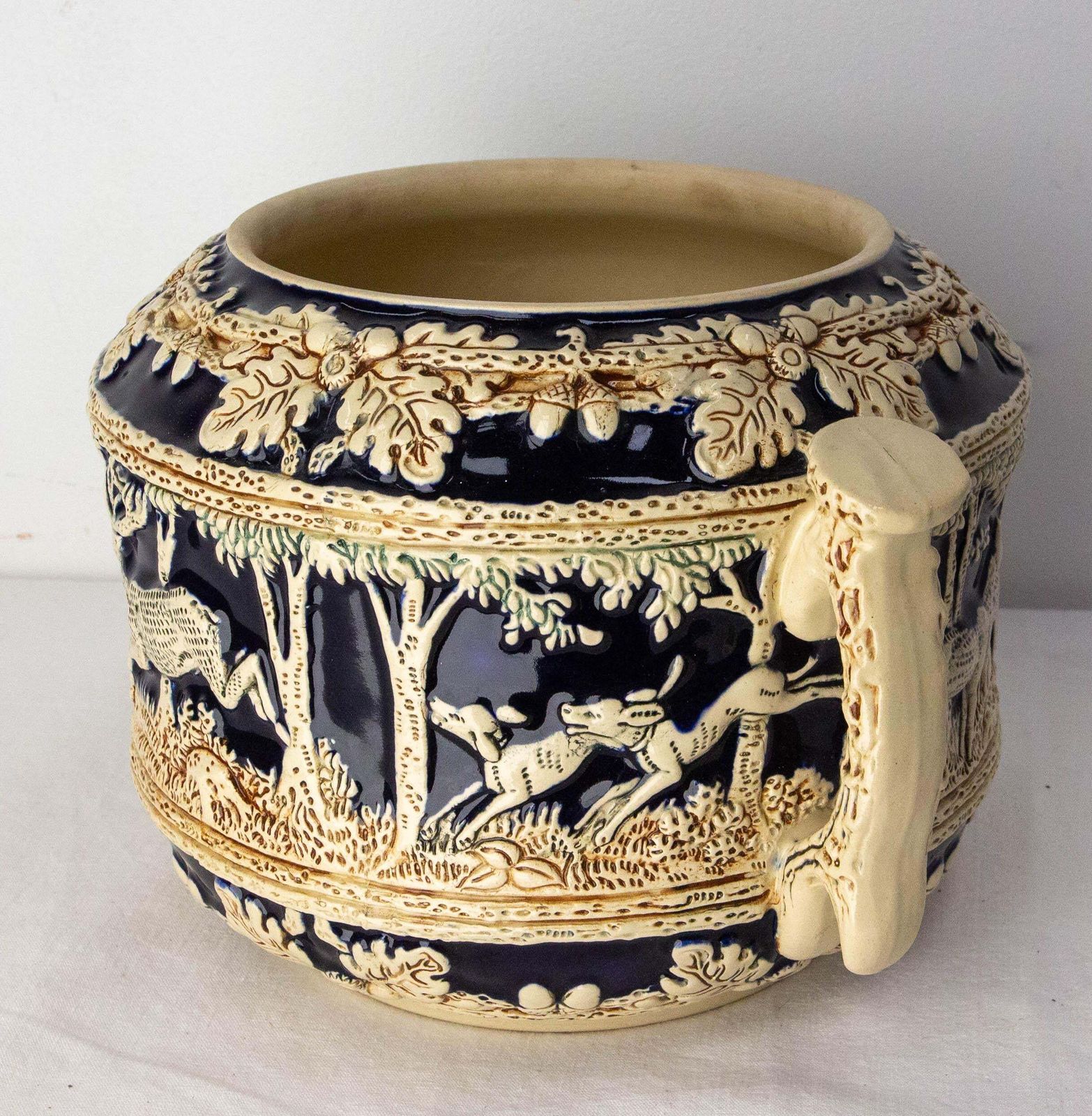 photo for sale German Scharzwald Art Nouveau Stoneware Centerpiece Hunt Scenes, Circa 1900