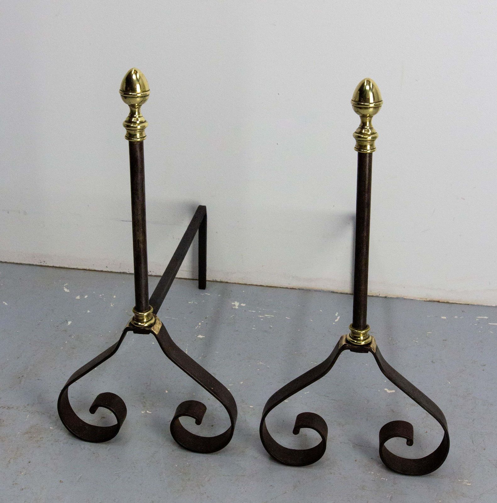 Pair Fireplace Andirons Wrought Iron & Brass Firedogs, France, C 1960 photo for sale