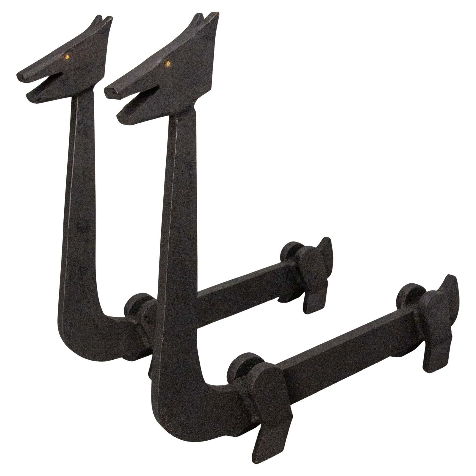 Pair Fireplace Andirons Wrought Iron Firedogs Mythical Creatures, France, C 1960