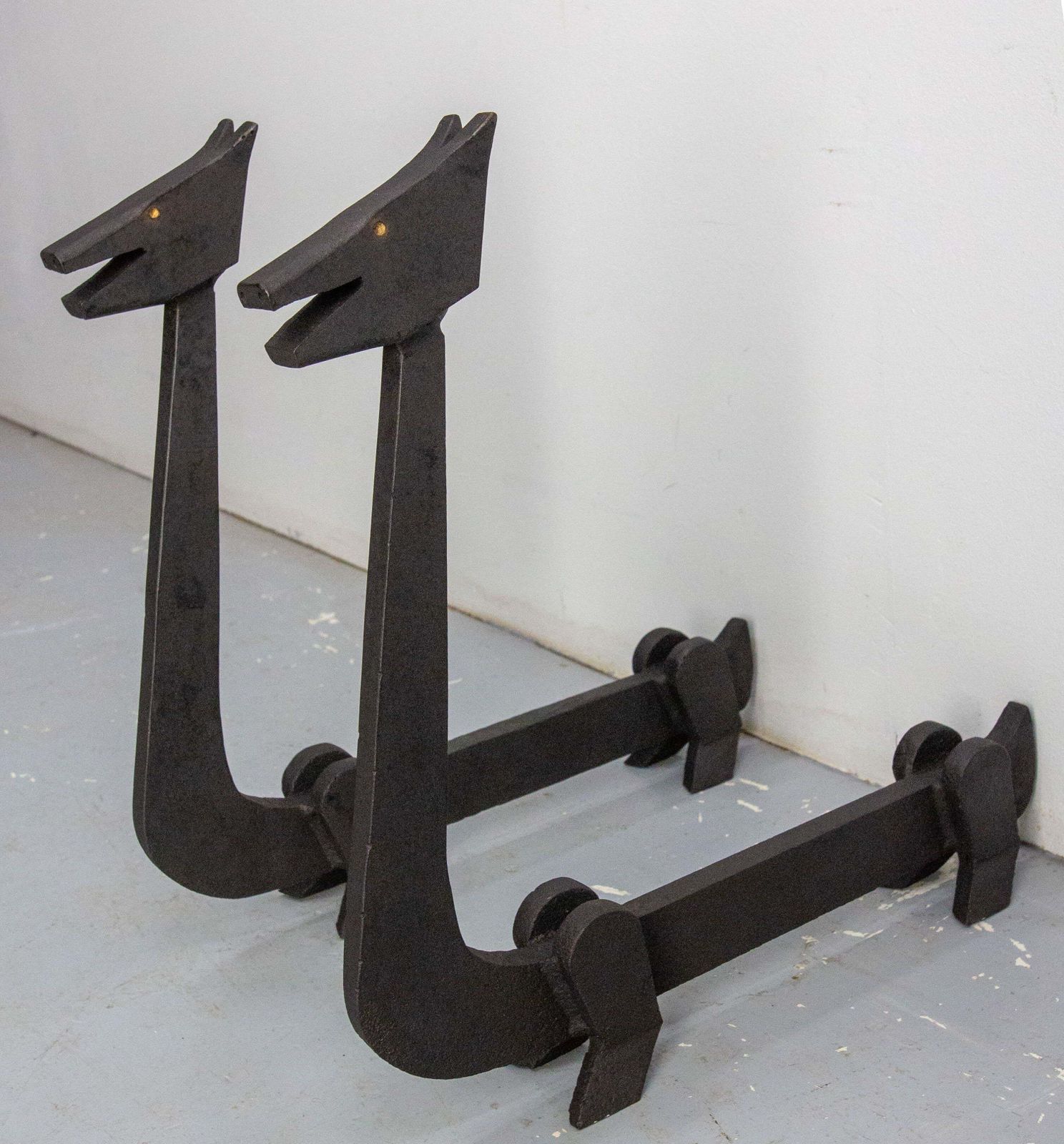 Pair Fireplace Andirons Wrought Iron Firedogs Mythical Creatures, France, C 1960 photo furniture