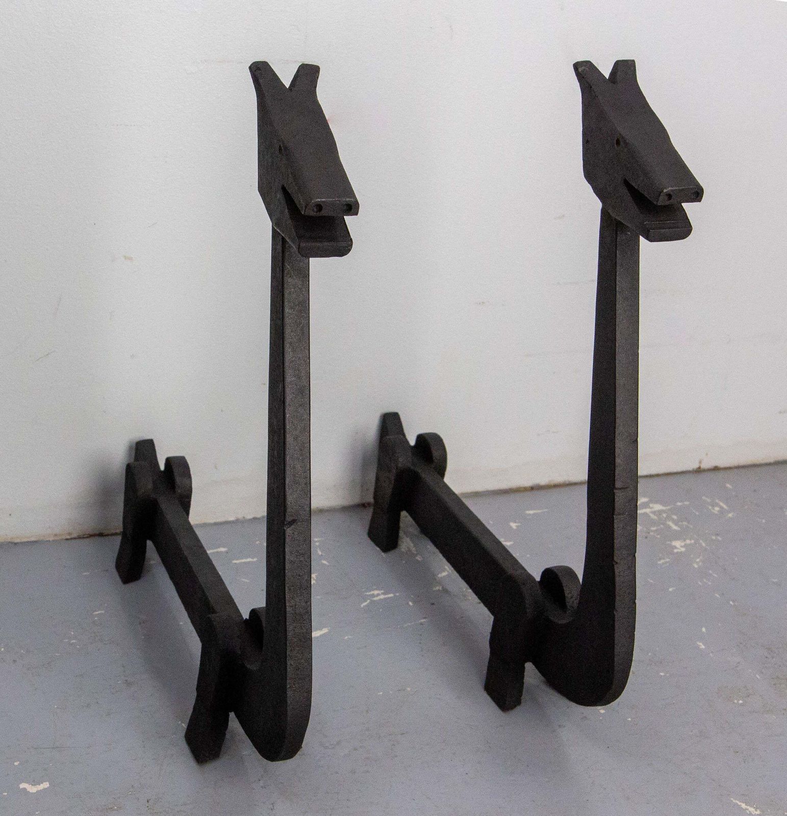 Pair Fireplace Andirons Wrought Iron Firedogs Mythical Creatures, France, C 1960 photo for sale