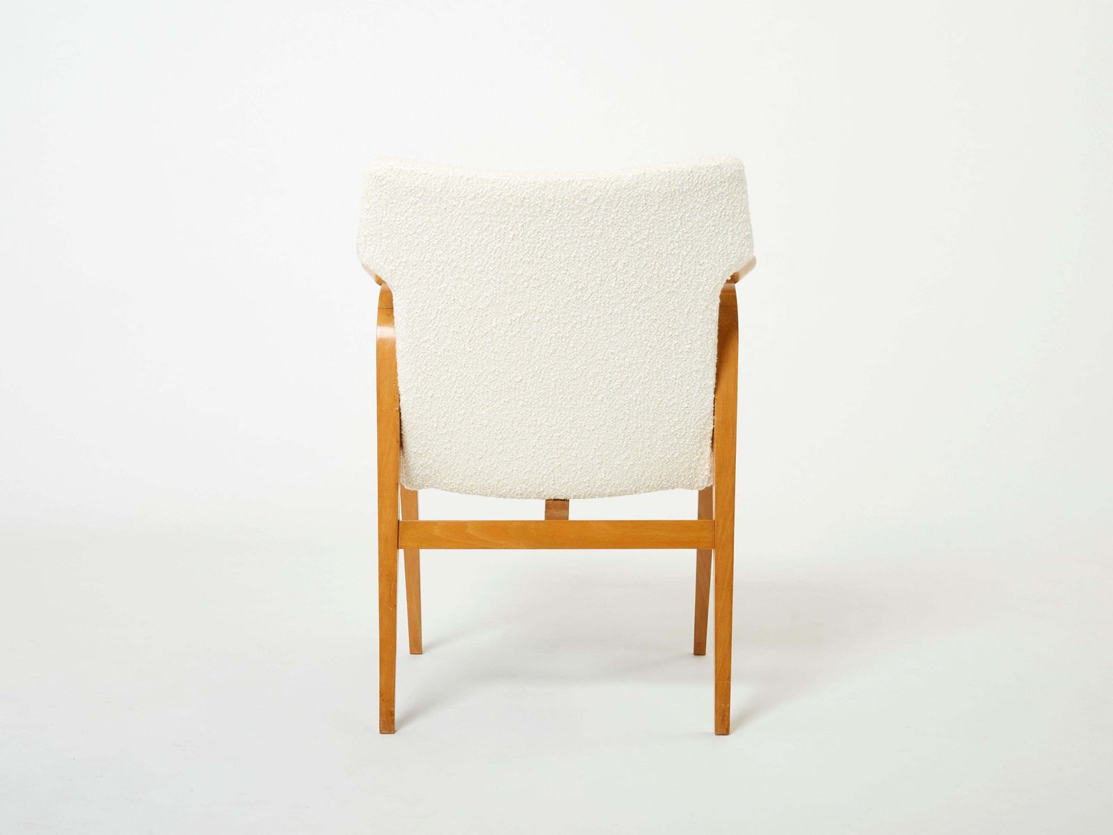 Fauteuils à pieds compas en chêne massif et bouclé de laine, par Roger Landault, années 1950 photo buy