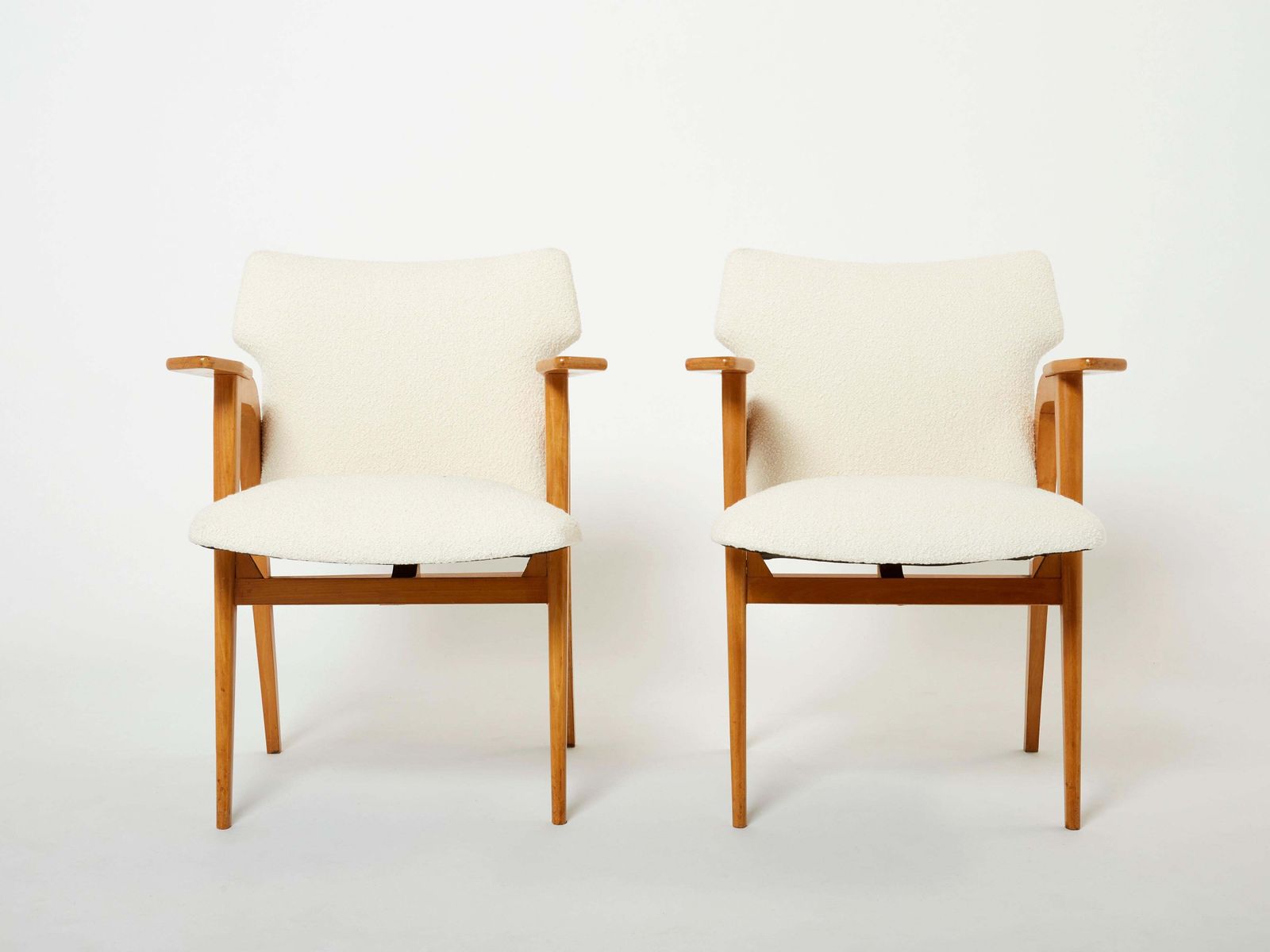 Furniture Roger Landault French Oak Compass Armchairs Wool Bouclé, 1950s photo