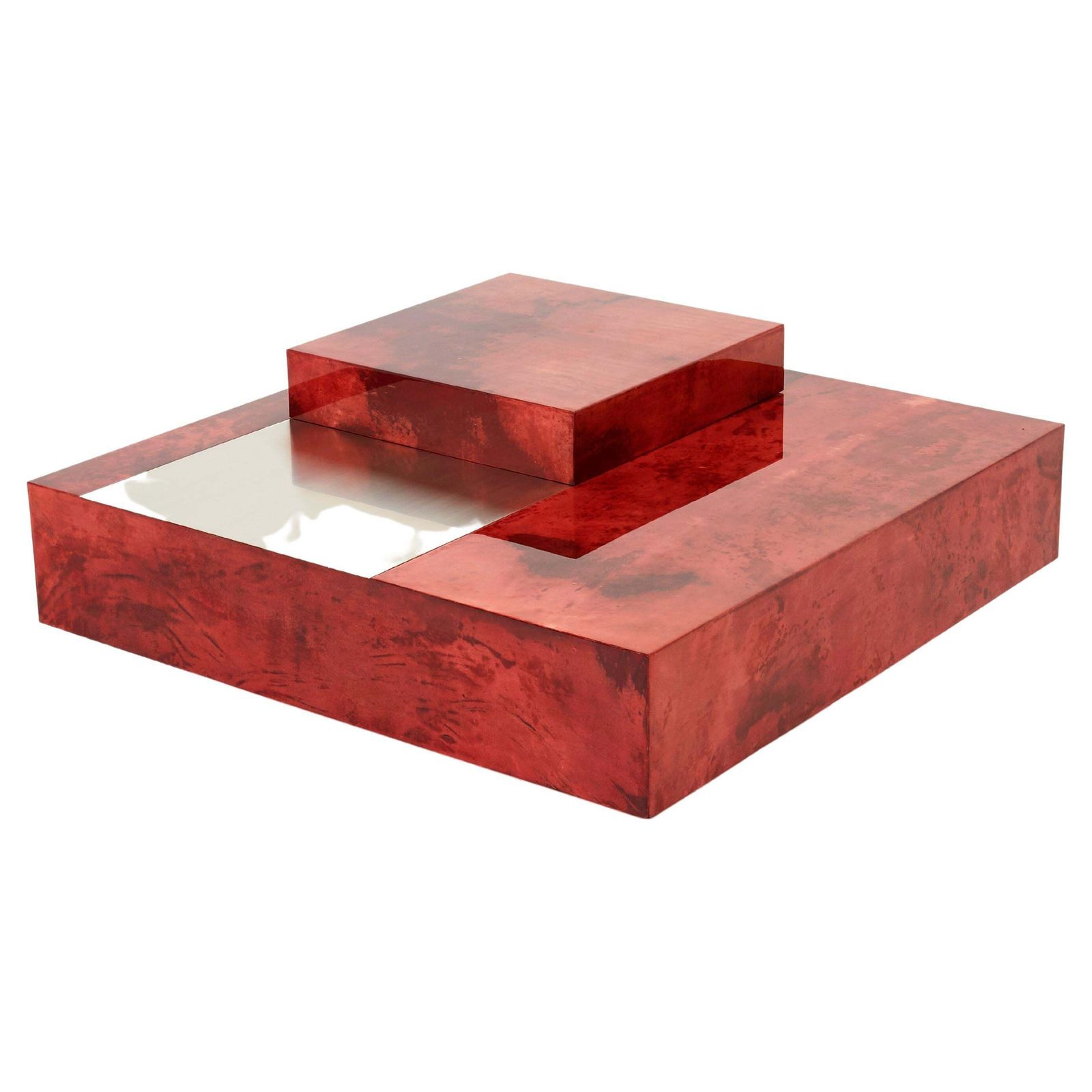 Table basse Aldo Tura en parchemin de chèvre rouge et acier, 1960