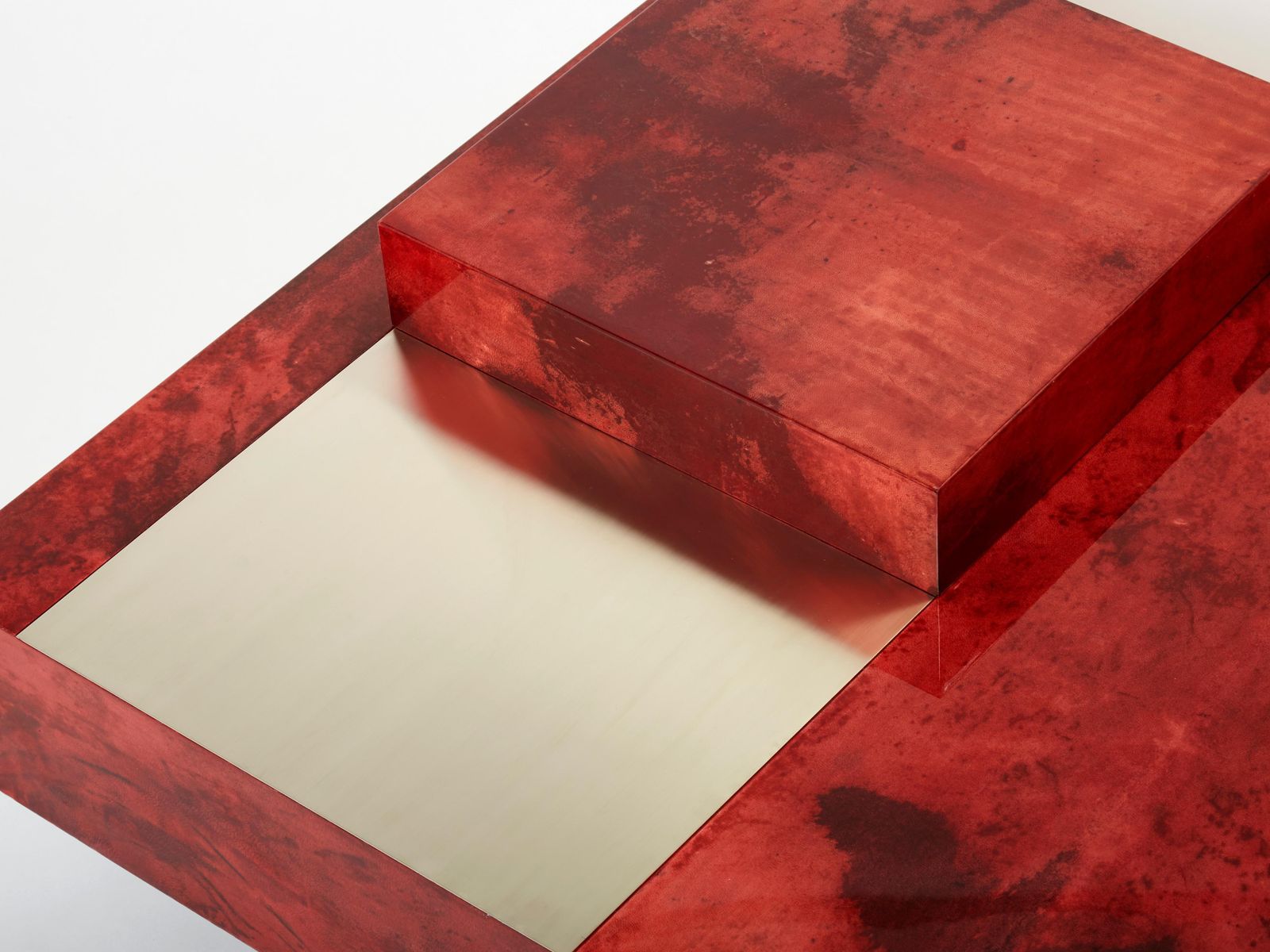 photo for sale Aldo Tura Red Goatskin Parchment Steel Bar Coffee Table, 1960