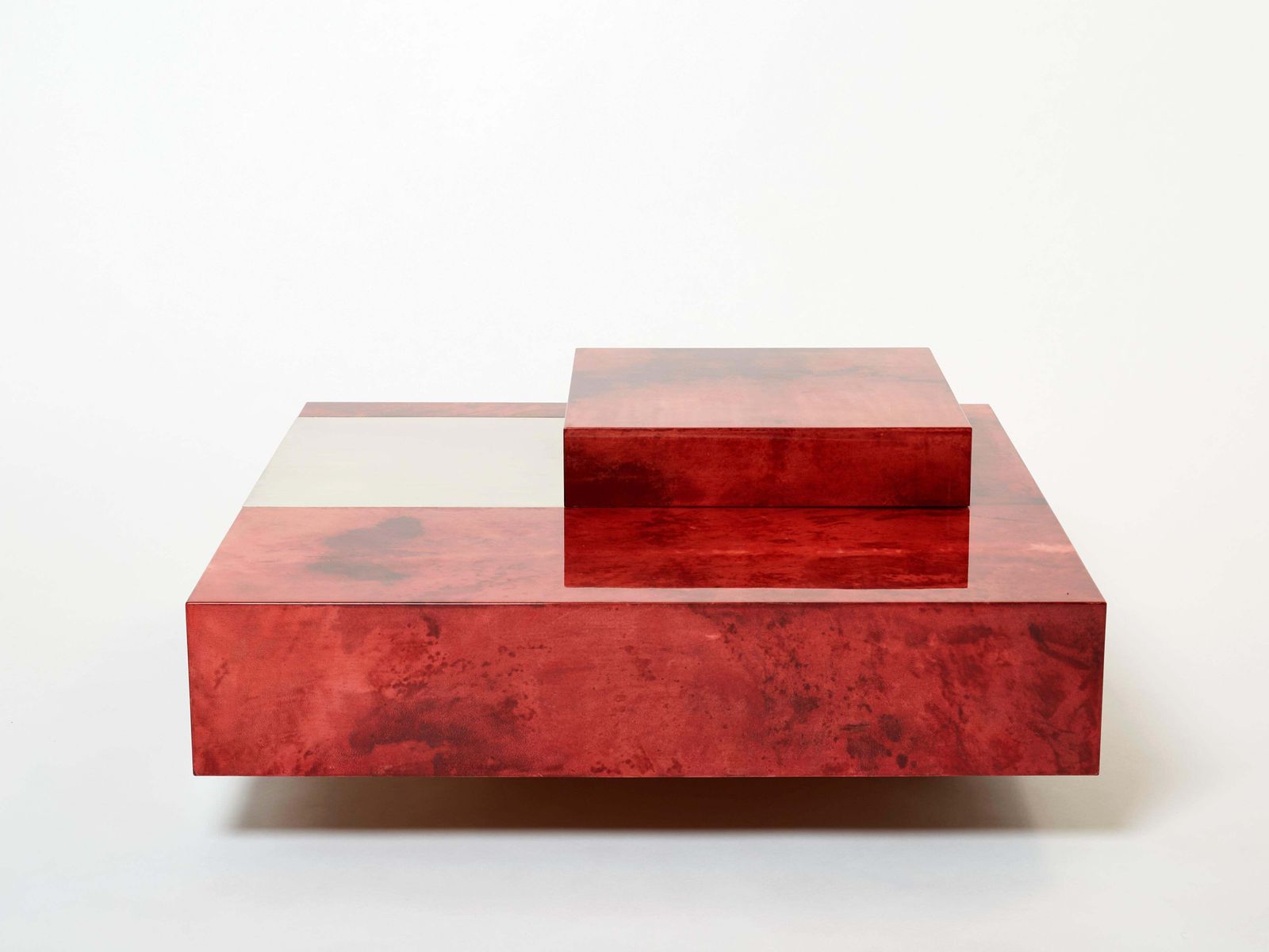 Furniture Aldo Tura Red Goatskin Parchment Steel Bar Coffee Table, 1960 photo