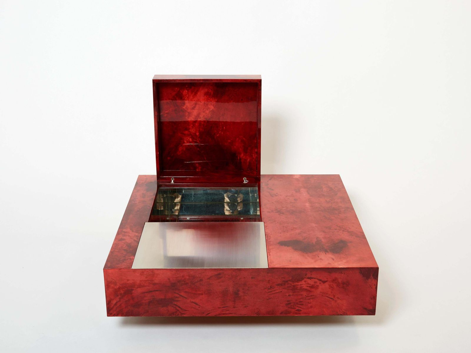 photo vintage Aldo Tura Red Goatskin Parchment Steel Bar Coffee Table, 1960