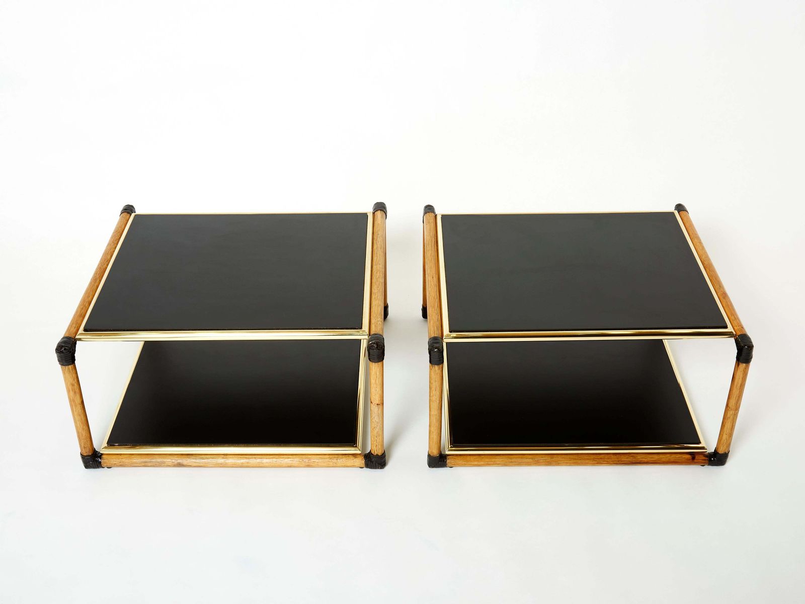 7462.0 Pair Of Italian Alberto Smania Bamboo Brass Black Wood Side Tables 1970s photo
