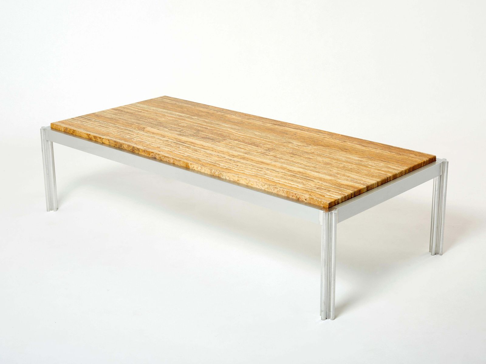 Table basse en travertin jaune, chrome et aluminium George Ciancimino, 1975 photo vinterior