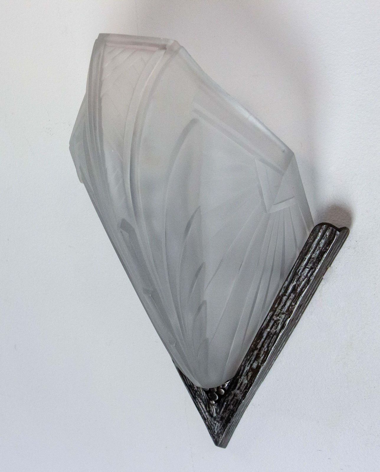 Wall Sconce Art Deco Frozen Iron & Glass Signed Ejg (J Gauthier) C. 1930  French photo vintage