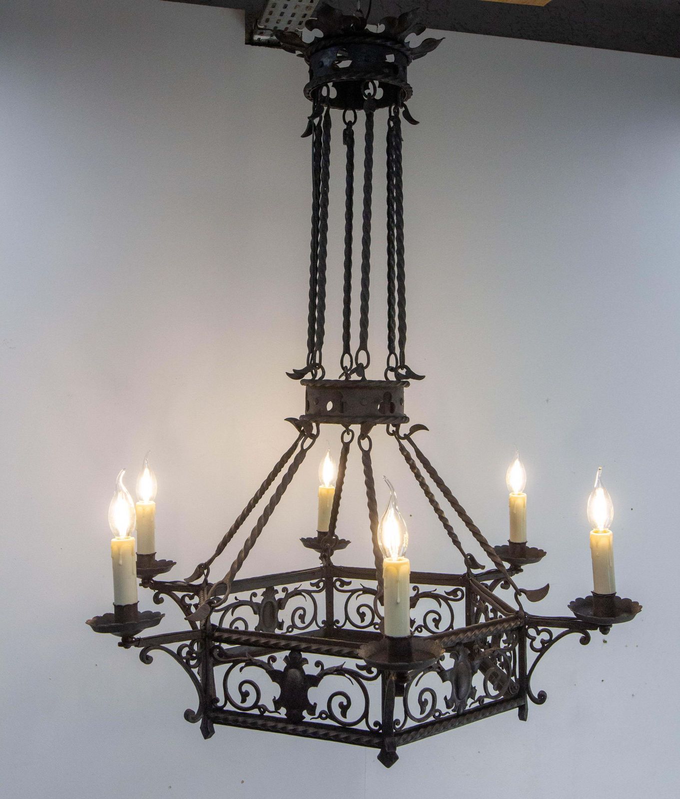 French Gloves & Crests Chandelier Ceiling Pendant Lustre Wrought Iron C 1900 photo furniture