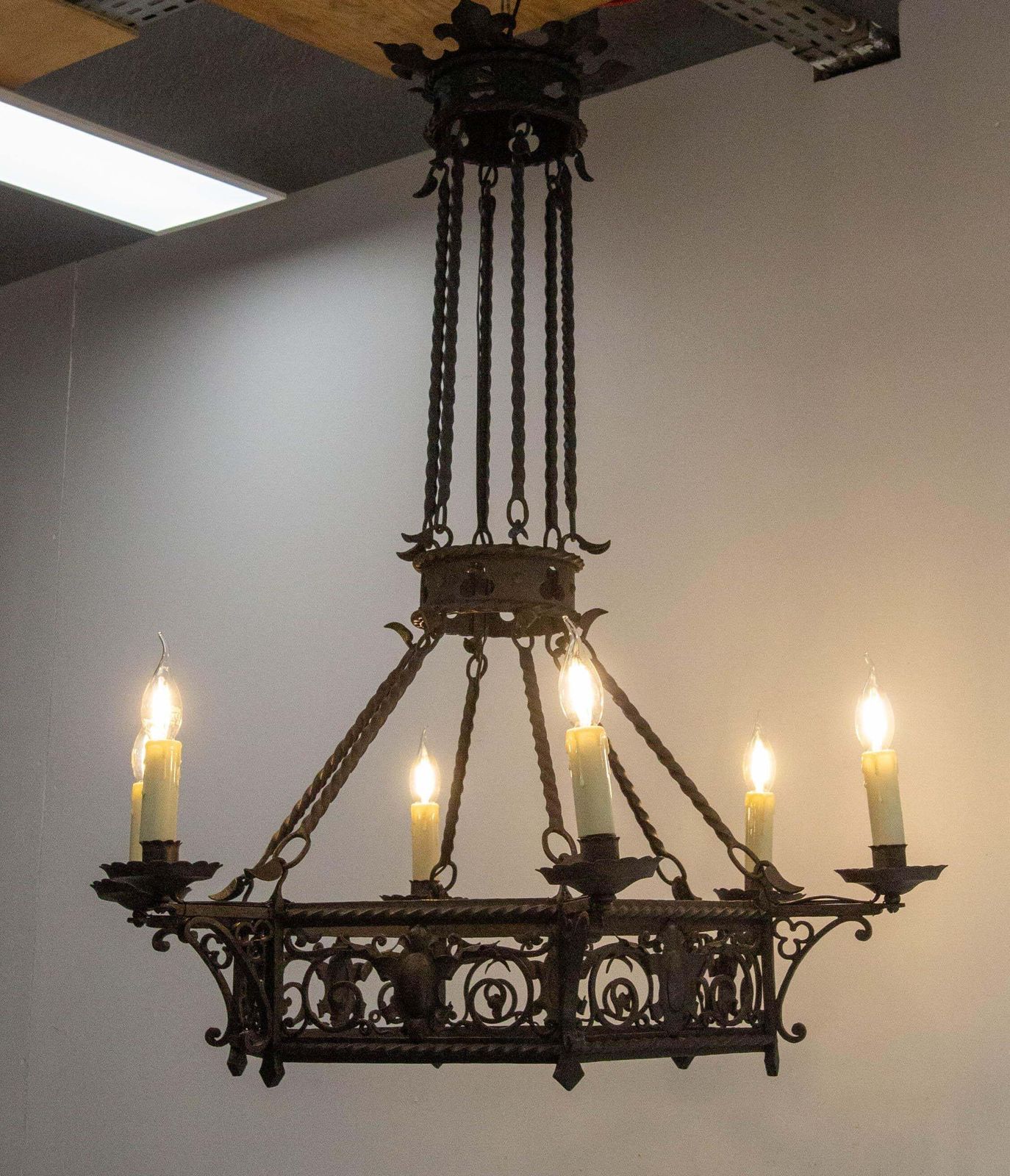 French Gloves & Crests Chandelier Ceiling Pendant Lustre Wrought Iron C 1900 photo for sale