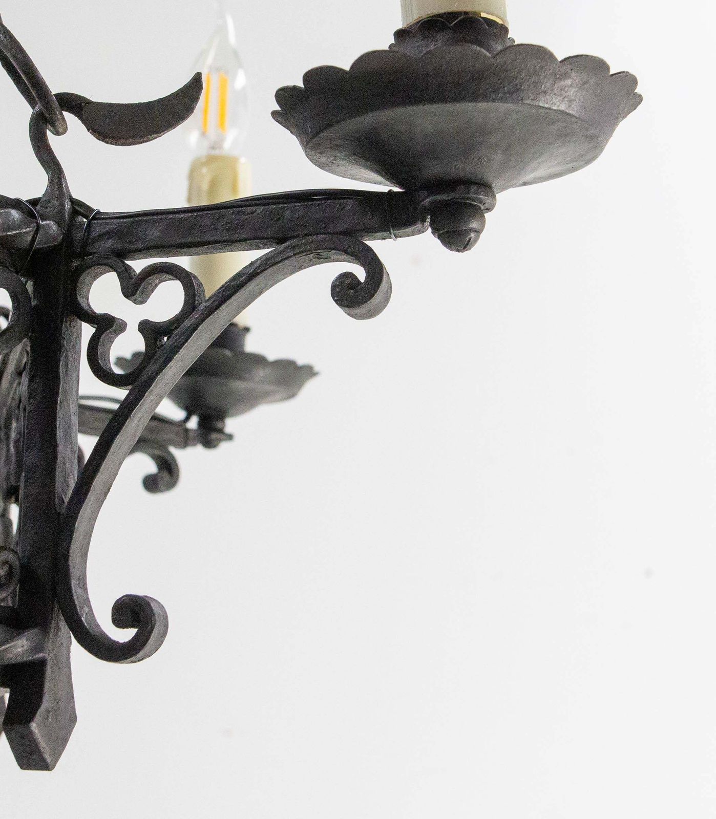 French Gloves & Crests Chandelier Ceiling Pendant Lustre Wrought Iron C 1900 photo vinterior