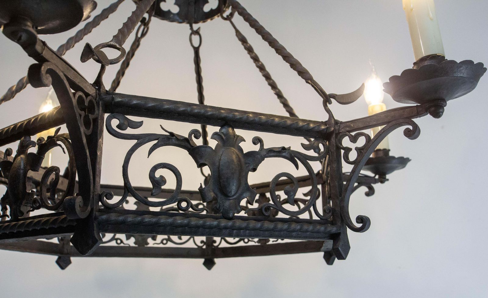 French Gloves & Crests Chandelier Ceiling Pendant Lustre Wrought Iron C 1900 photo buy