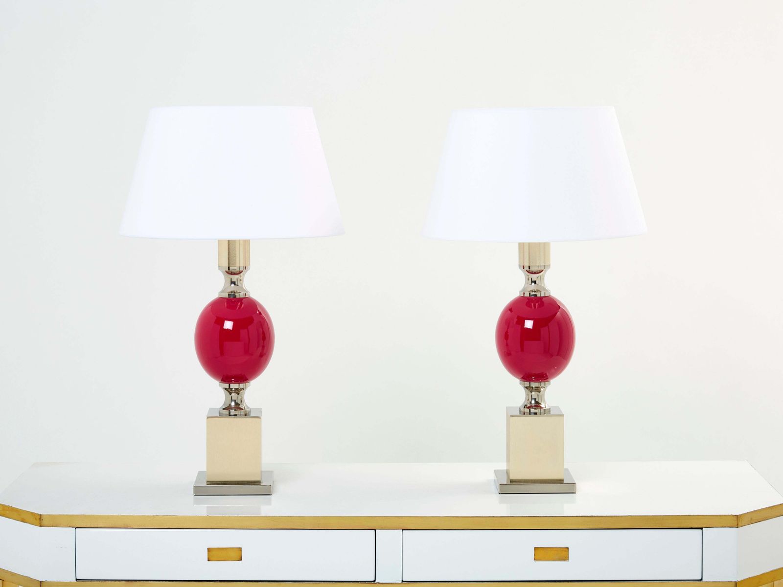 Pair Of French Enameled Brass Chrome Table Lamps Philippe Barbier 1970s photo vinterior