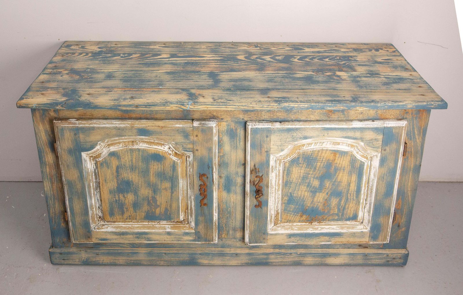 French Antique Oak & Iron Low Buffet Blue & White Patinated 18th Century photo furniture