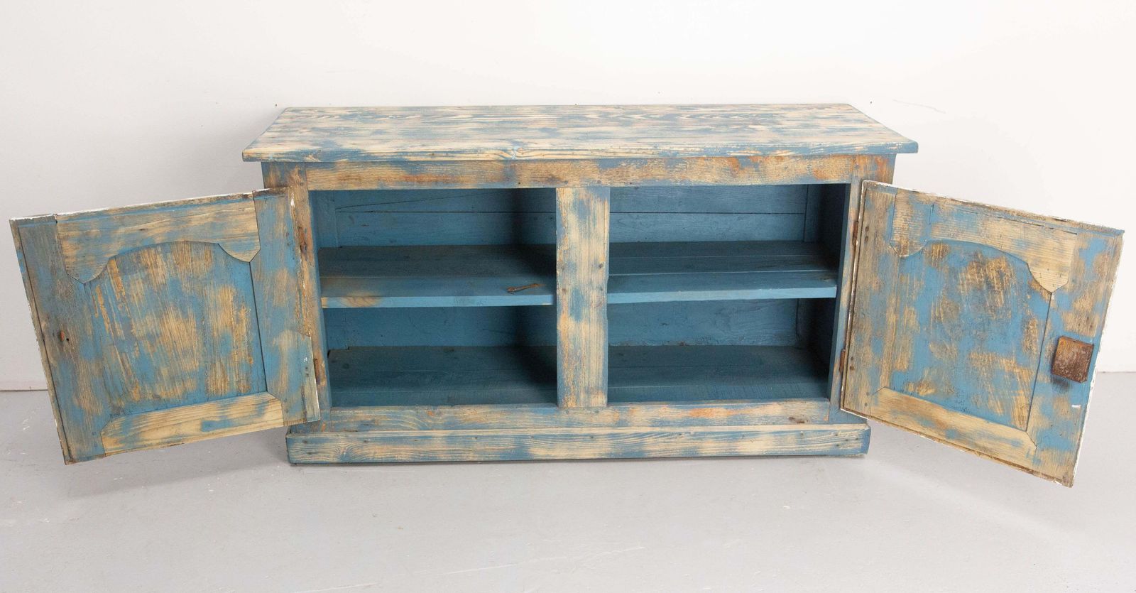photo furniture French Antique Oak & Iron Low Buffet Blue & White Patinated 18th Century