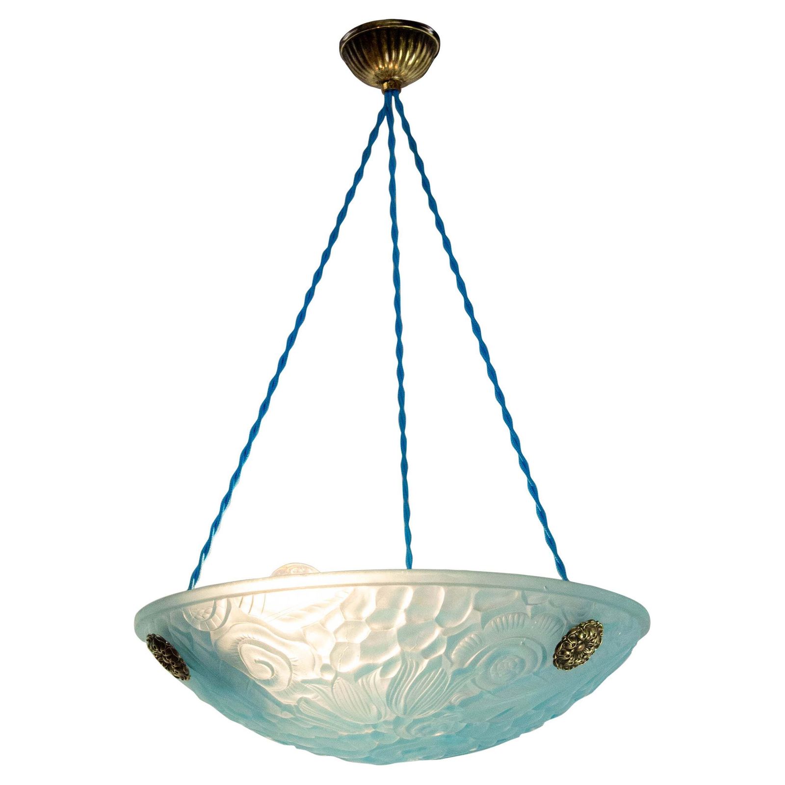 French Art Deco Lustre Blue Glass Ceiling Pendant Chandelier, Circa 1930