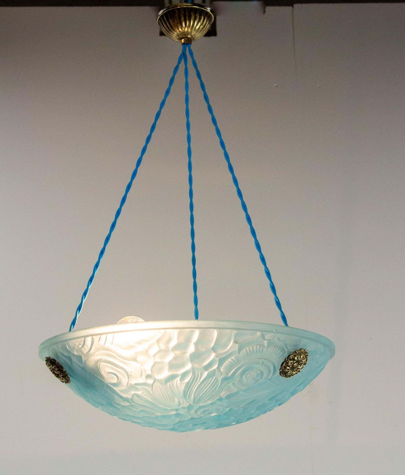 French Art Deco Lustre Blue Glass Ceiling Pendant Chandelier, Circa 1930 photo for sale