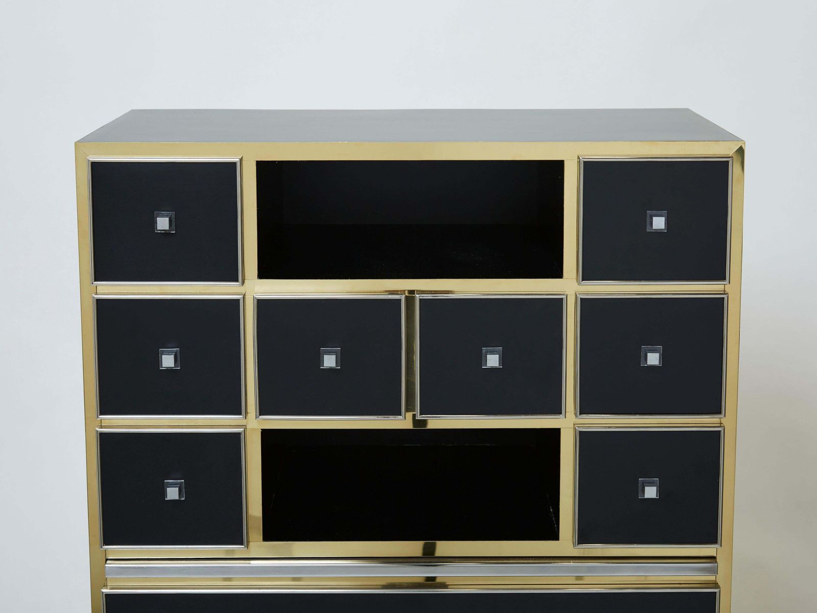 Cabinet secrétaire Michel Pigneres en laiton, chrome et laque noire, années 1970 photo for sale