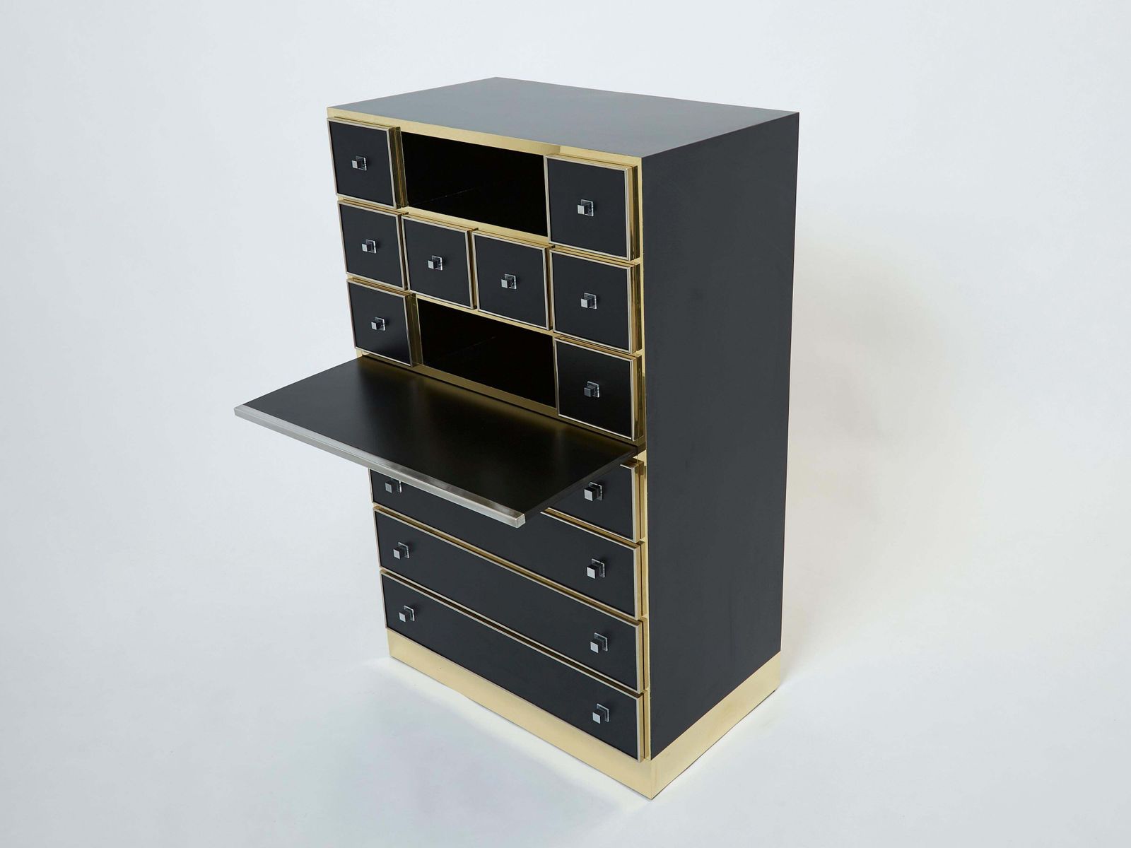 Cabinet secrétaire Michel Pigneres en laiton, chrome et laque noire, années 1970 photo 30721.0