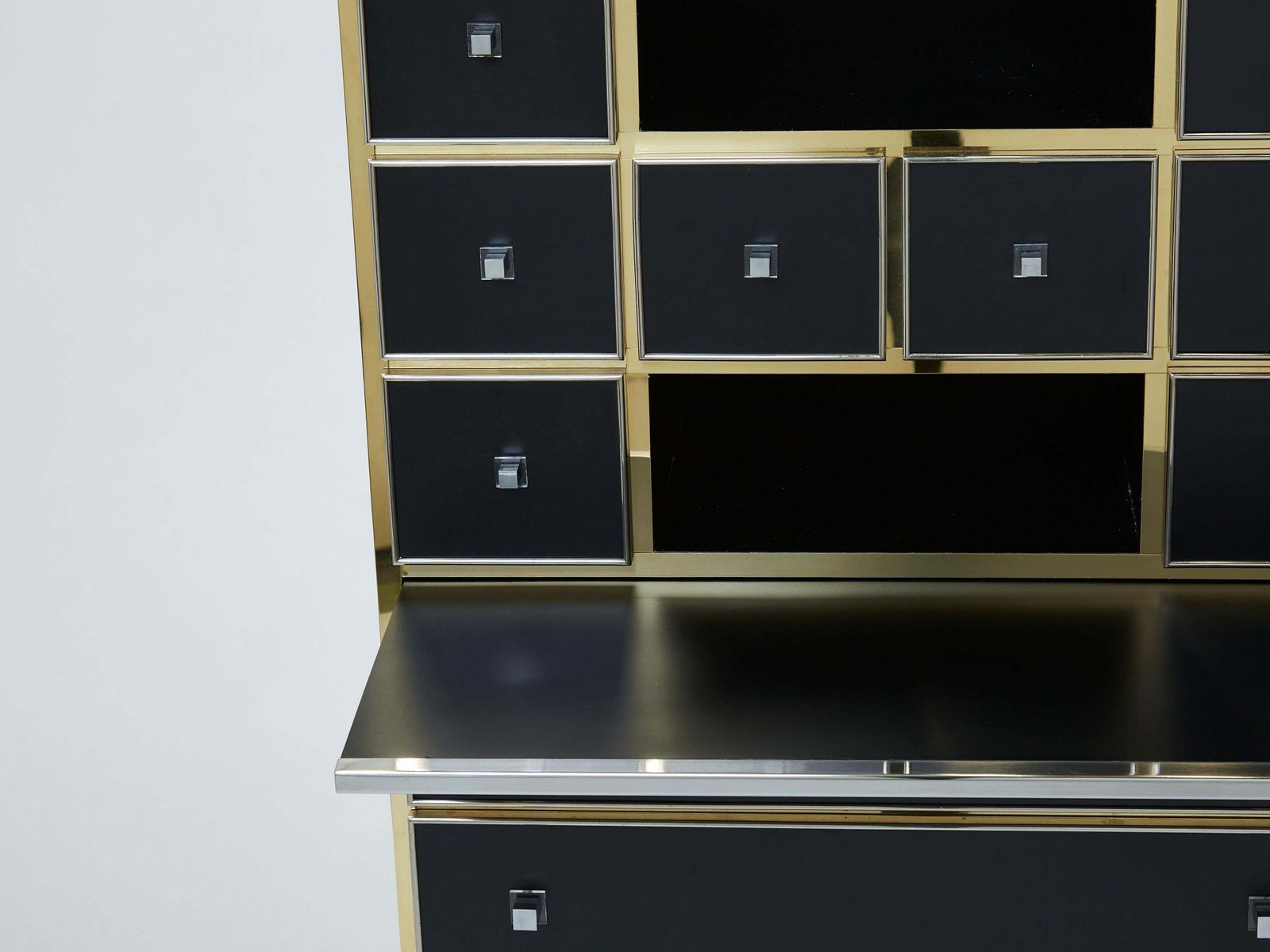 photo buy Michel Pigneres Brass Chrome Black Cabinet Secretaire, 1970s