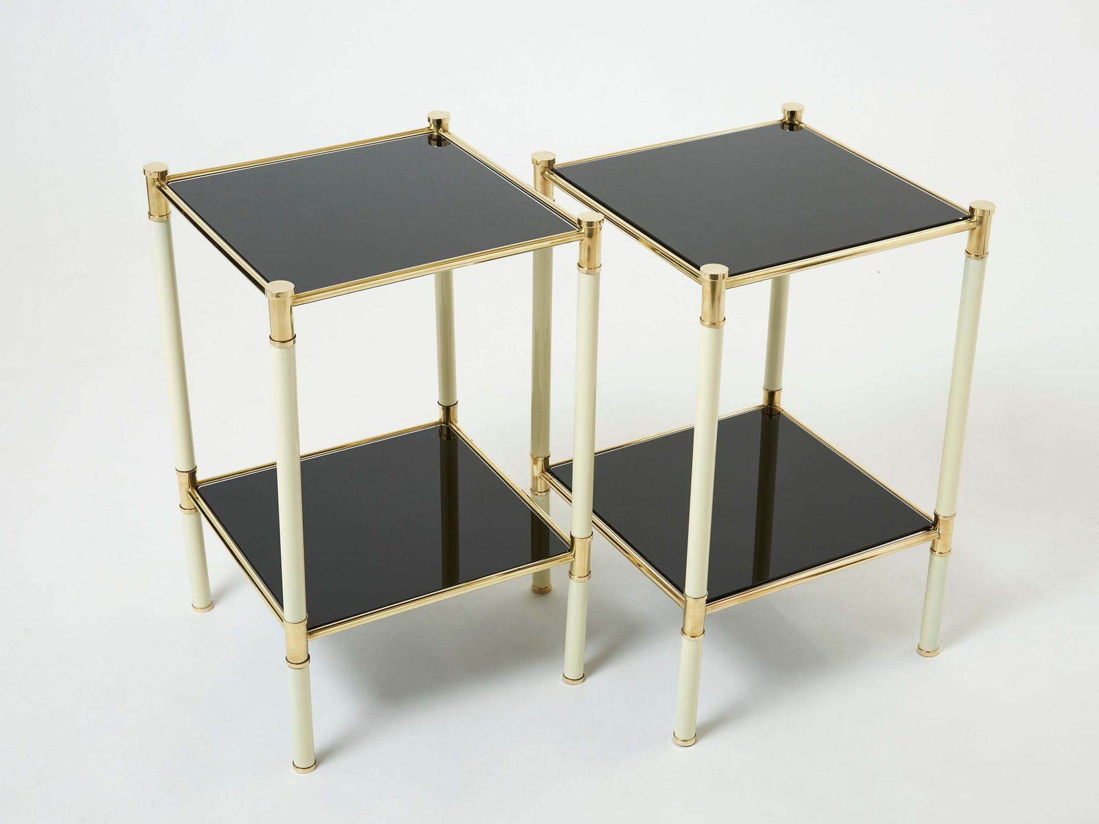 Italian Tommaso Barbi Two Tier Brass Off White Black End Tables, 1970s photo Furniture