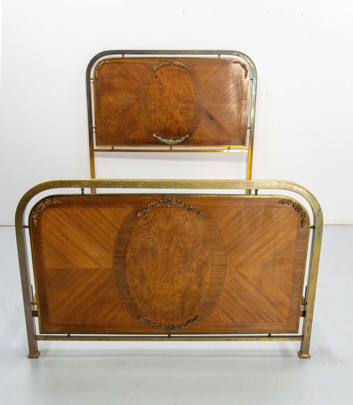 French Bed Classical Style Burl Walnut Copper & Brass Circa 1900 photo for sale