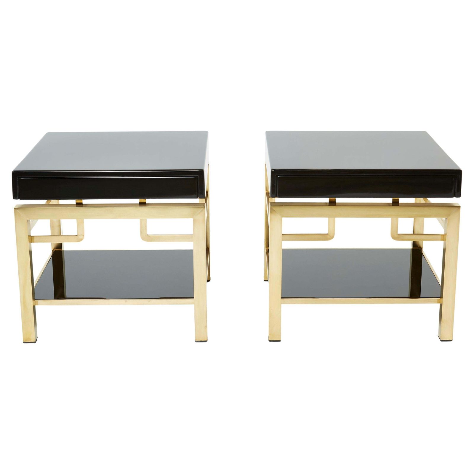 Tables d'appoint à deux plateaux en laque noire et laiton Guy Lefevre pour Maison Jansen, années 1970