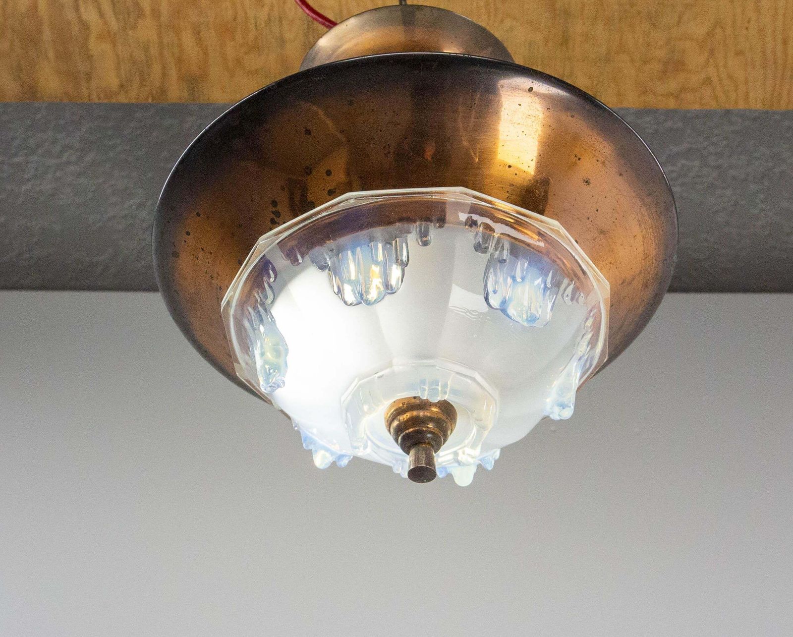 French Art Deco Chandelier Ezan Molded Glass & Copper Ceiling Pendant, C 1930 photo Lighting