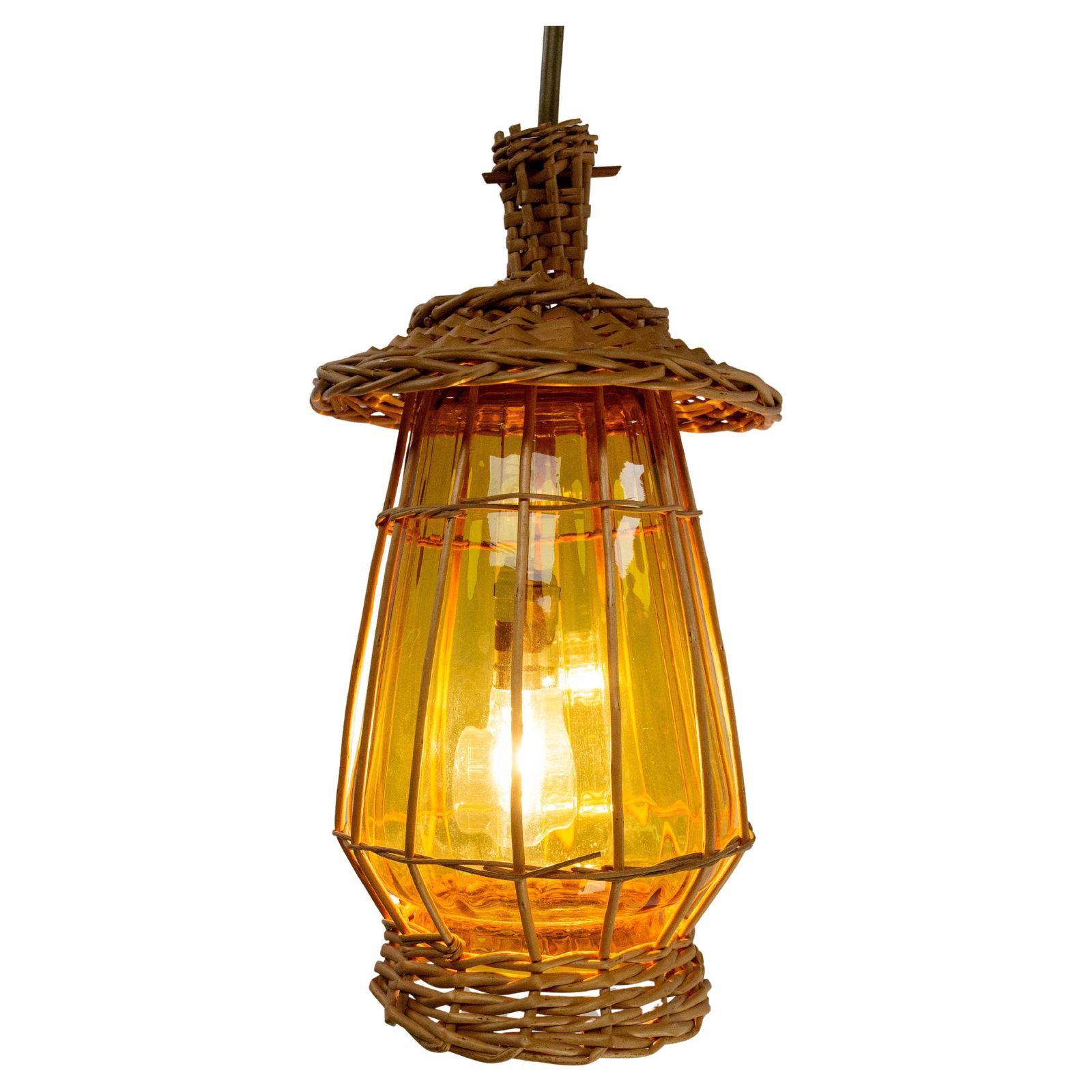 French Ceiling Pendant Yellow Glass & Wicker Chandelier, Lanterne Style, C 1970