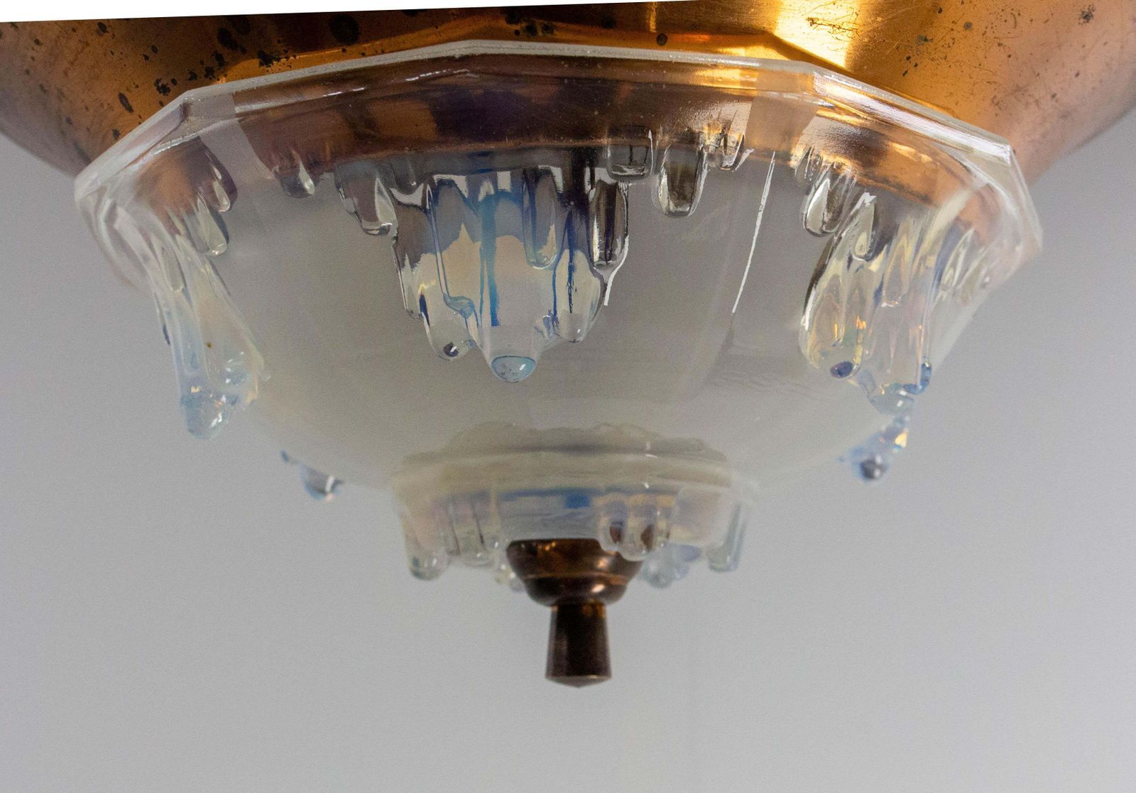 French Art Deco Chandelier Ezan Molded Glass & Copper Ceiling Pendant, C 1930 photo buy
