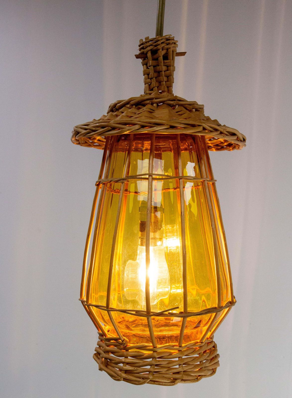 French Ceiling Pendant Yellow Glass & Wicker Chandelier, Lanterne Style, C 1970 photo furniture