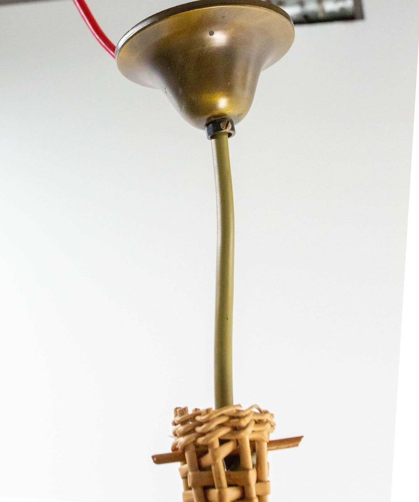French Ceiling Pendant Yellow Glass & Wicker Chandelier, Lanterne Style, C 1970 photo buy