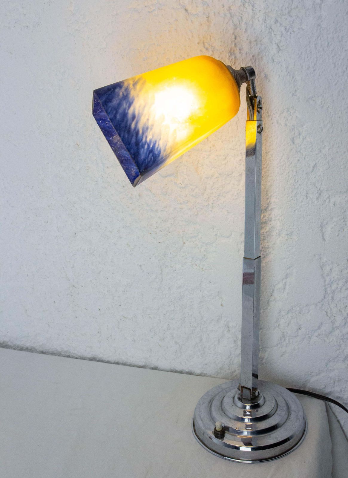 Art Deco Chrome Blue & Yellow Painted Glass Table Lamp, French, Circa 1930 photo furniture