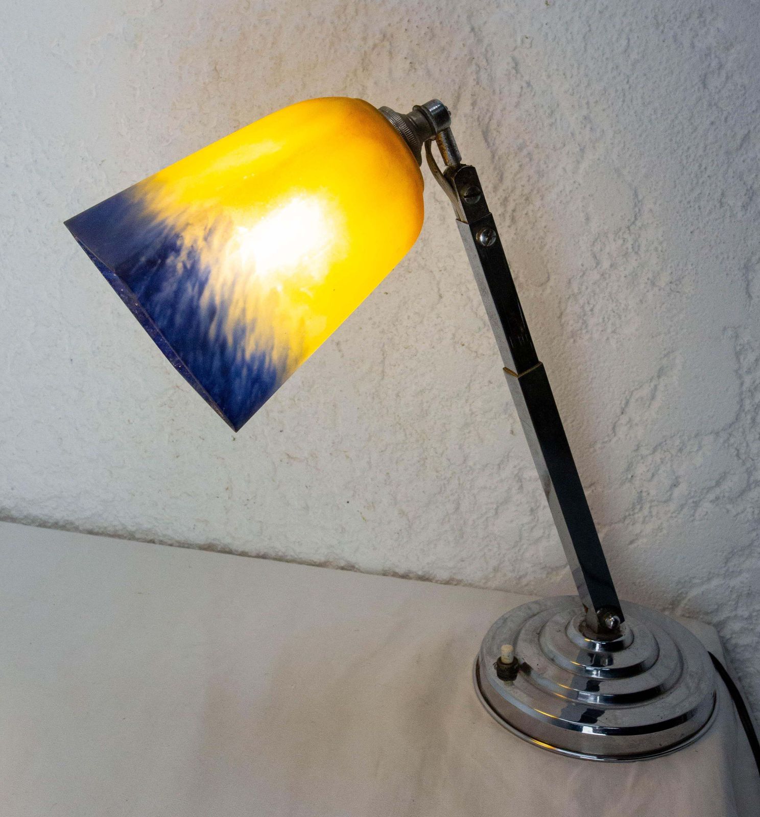 Art Deco Chrome Blue & Yellow Painted Glass Table Lamp, French, Circa 1930 photo Lighting
