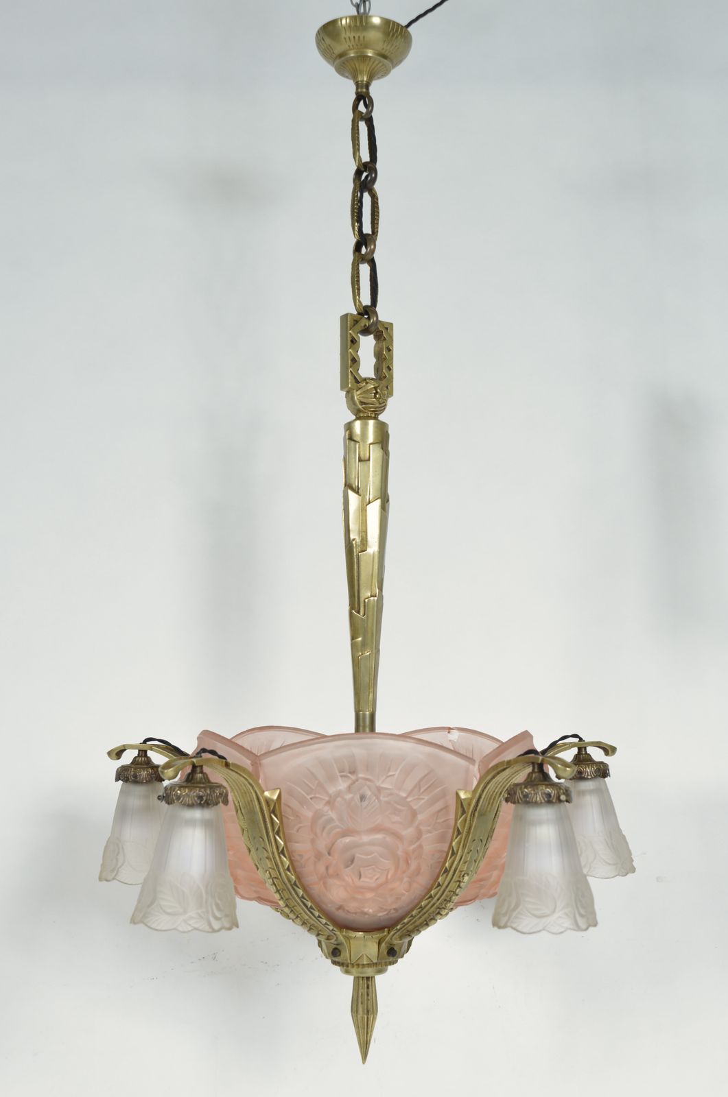 1930s French Art Deco Brass Glass Chandelier Hettier & Vincent Freres Hanots photo furniture