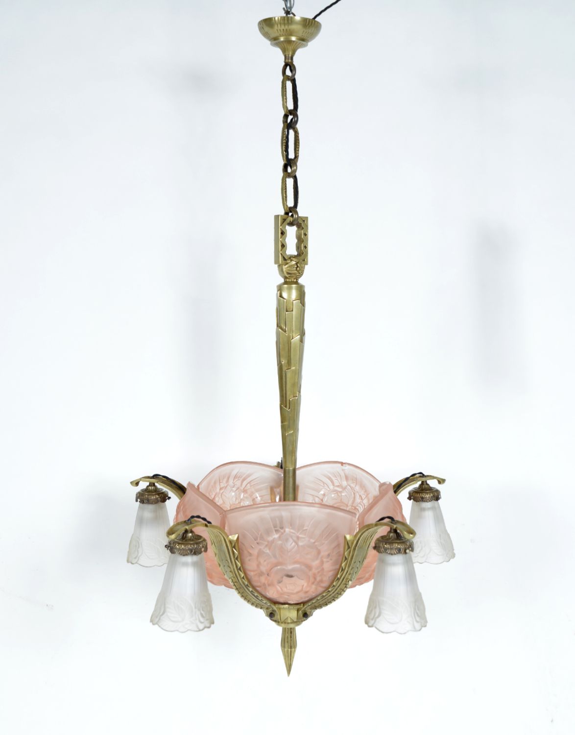 1930s French Art Deco Brass Glass Chandelier Hettier & Vincent Freres Hanots photo Lighting