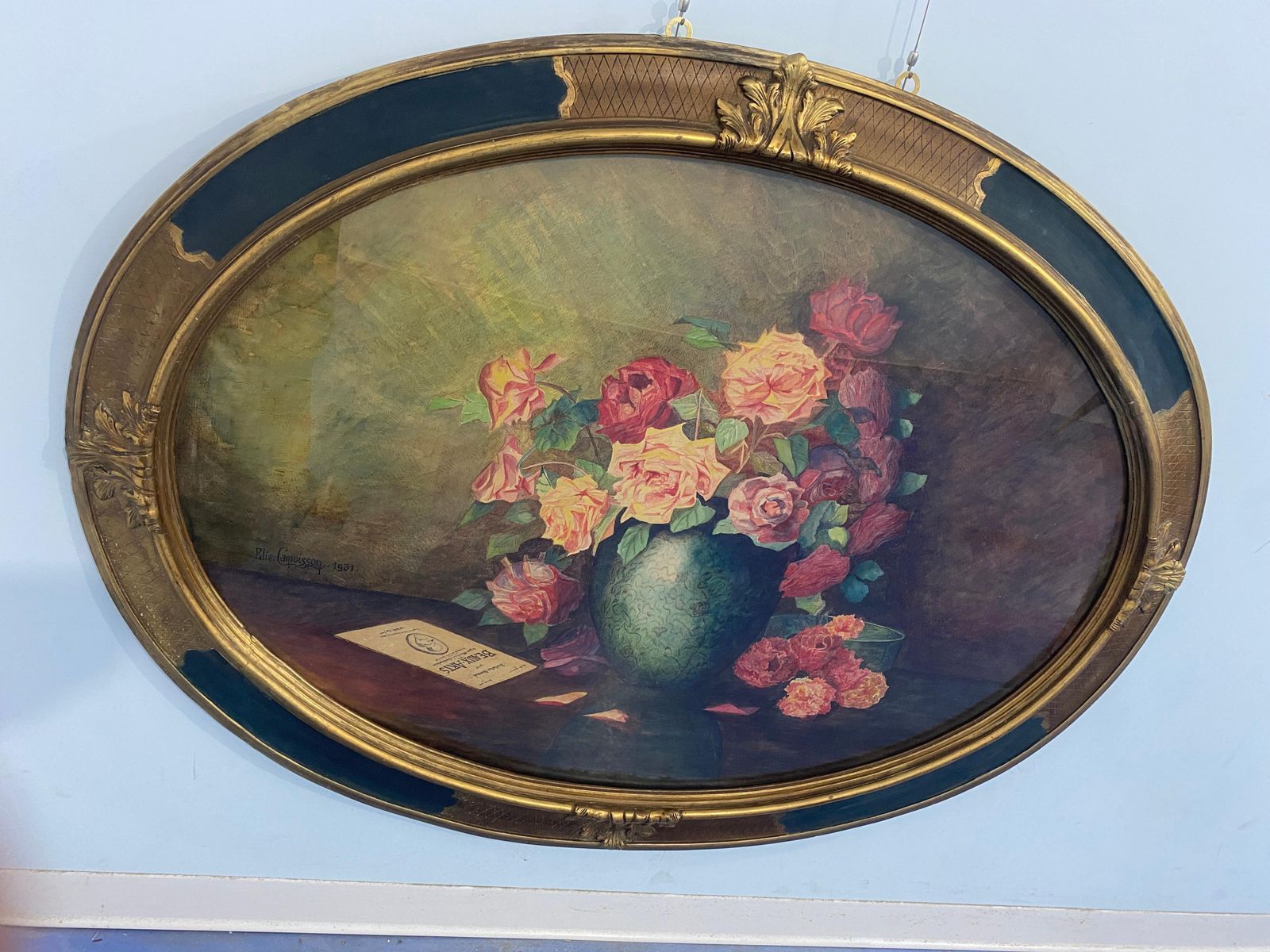 Antique Watercolor Painting "Vase Of Flowers" Signed Elie Camoisson, France 1931 photo vinterior