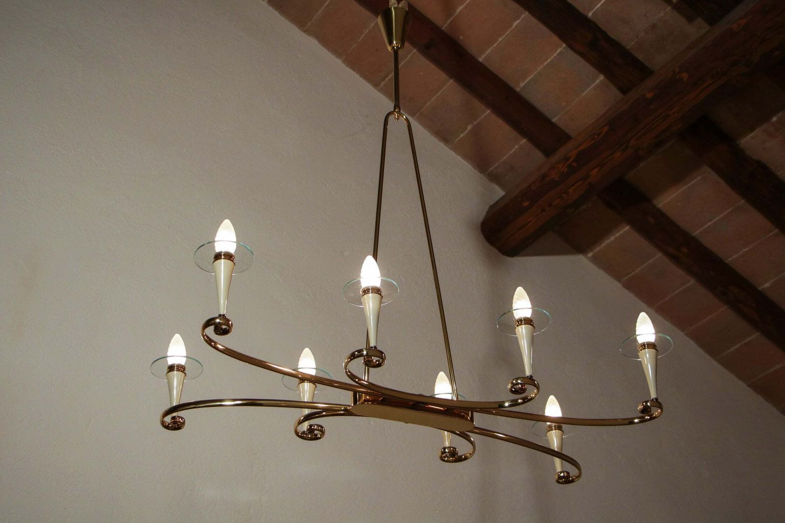 Italian Midcentury Gold And Ivory Color Eight Lights Chandelier, 1950s photo for sale