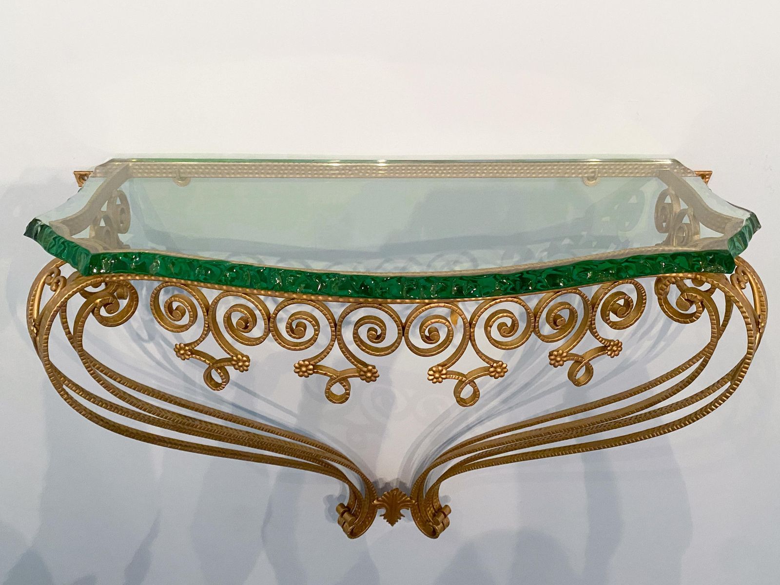 photo buy Italian Midcentury Green Crystal Gold Iron Console Table By Pier Luigi Colli