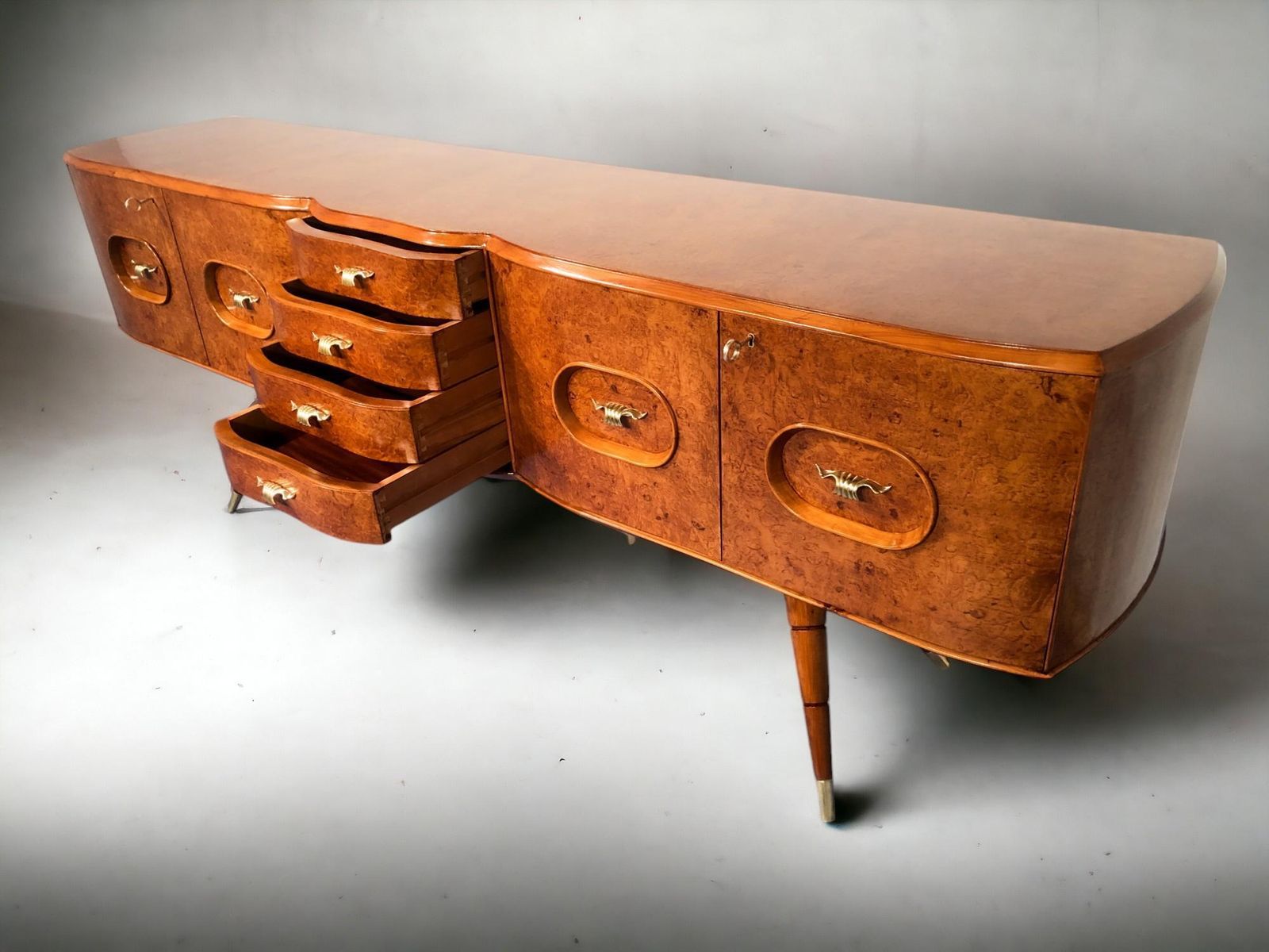 photo furniture Italian Mid Century Sideboard Honey Color In Birch Wood, 1950s
