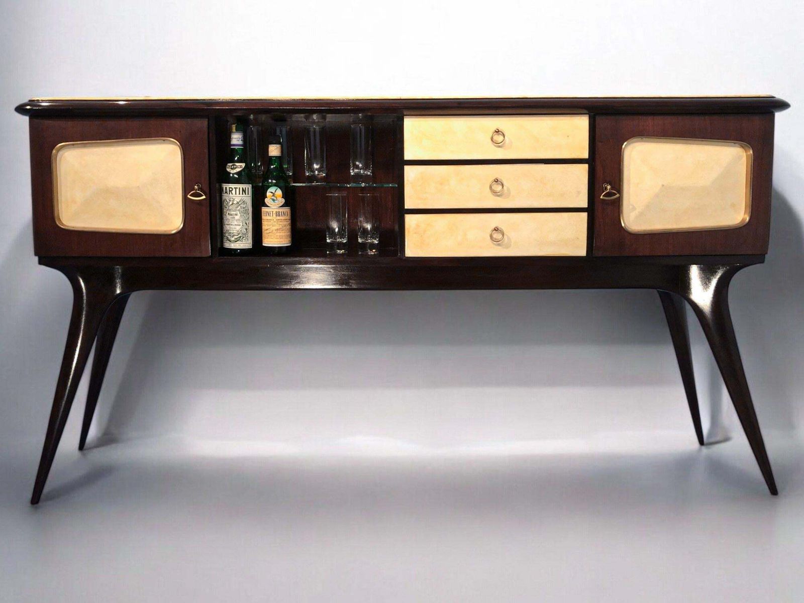 photo vinterior Italian Mid Century Center Parchment Bar Sideboard Attributed To Ulrich , 1950s