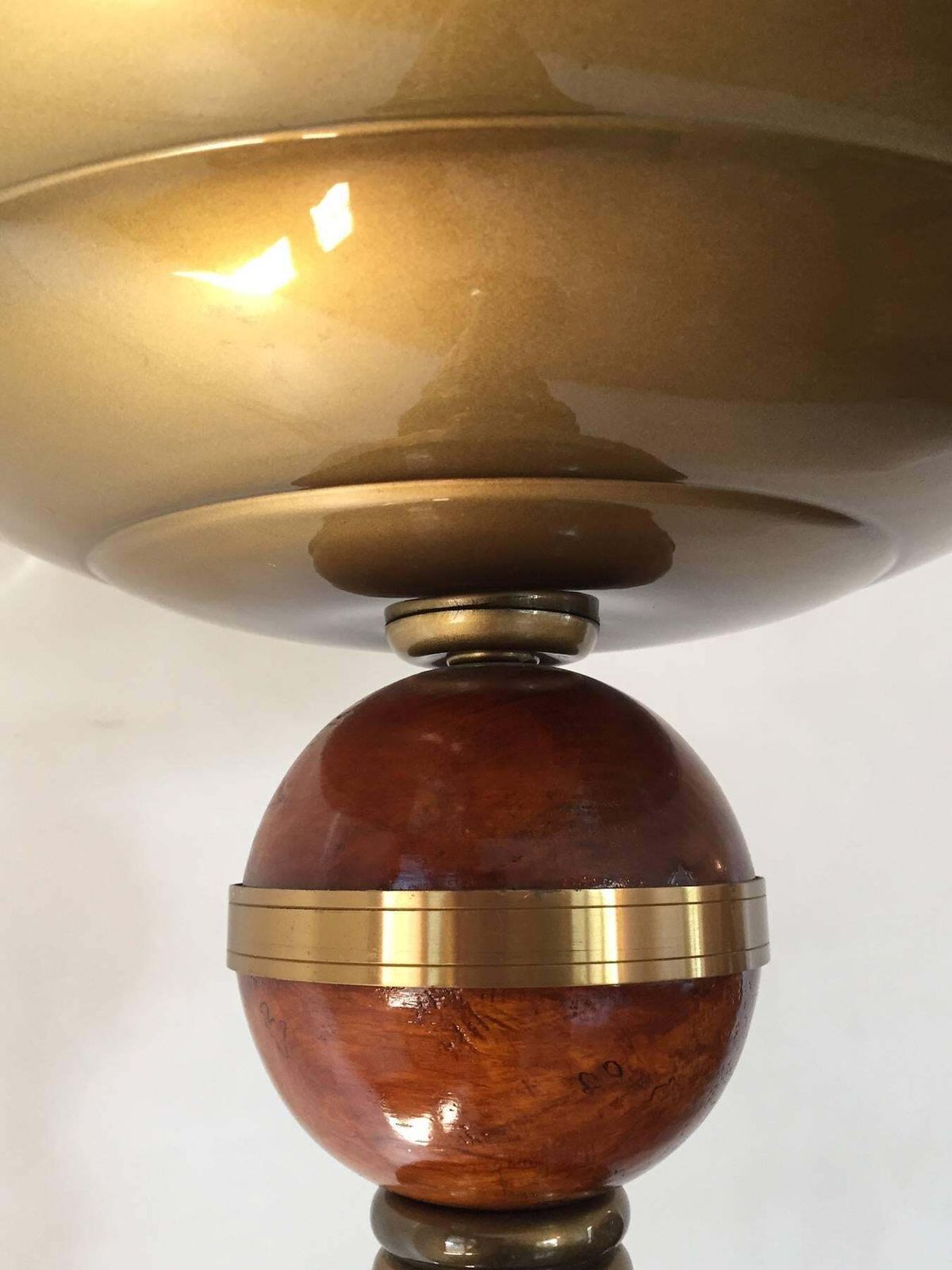 French Art Deco Carved Wood With Brass Decorations Floor Lamp, 1930s photo Lighting